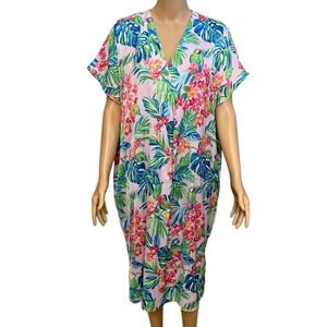 Van Winkle And Co Satin Kaftan House Dress Small Tropical Parrot Print Pink